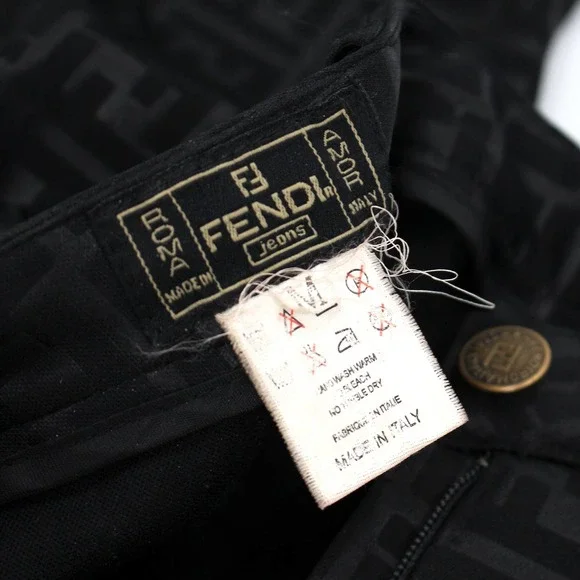 FENDI Black Zucca Logo Trouser Pants M Vintage FF Polyester Ankle Straight Jeans